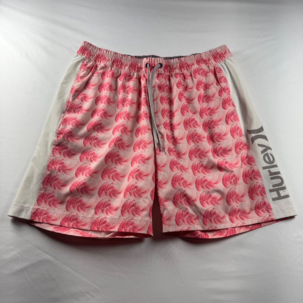 Hurley Mens Swim Trunks XL Pink White Swirl Board Shorts Mesh‎ Liner Drawstring